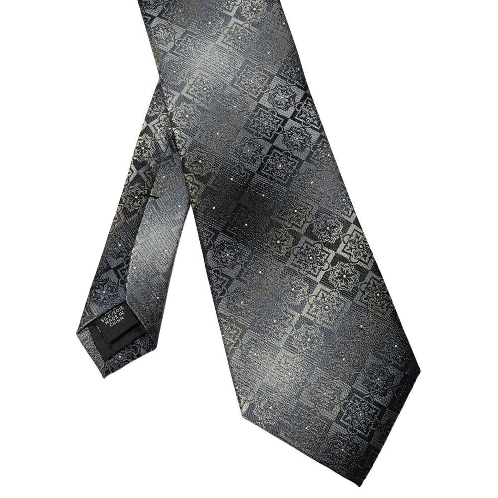Van Heusen Mens Silk Necktie Grey Silver Geometric Medallion Classic Tie